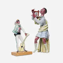 Otello Rosa, Musician figures, set of two, c. 1955, glazed ceramic, mahogany