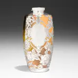 Constance Baker for Rookwood Pottery, Standard Glaze vase with roses and Gorham silver overlay