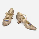 Wiener Werkstätte, Ladies' shoes, pair, c. 1910, embroidered fabric, suede leather, enameled silver, glass beads