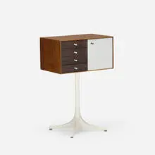 George Nelson & Associates, miniature cabinet, model 5211, walnut, stained ash, enameled aluminum, lacquered wood, porcelain