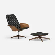 George Mulhauser, Mr. Chair lounge chair and ottoman, c. 1960, leather, walnut plywood, brass-plated steel