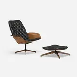George Mulhauser, Mr. Chair lounge chair and ottoman, c. 1960, leather, walnut plywood, brass-plated steel