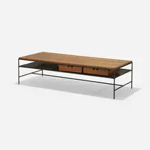 Paul McCobb, coffee table, c. 1950, stained birch, enameled steel, rattan
