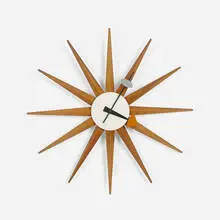 Spike wall clock, model 2202B by George Nelson & Associates, 1952-1953, walnut, enameled brass, enameled aluminum, sold Feb 2016