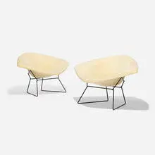 Harry Bertoia, Large Diamond chairs, pair, 1952, enameled steel, upholstery