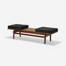 Jens Risom, bench, model T621, 1955, walnut, upholstery