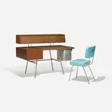 George Nelson & Associates, Home Office Desk, model 4658 and chair, model 4671, 1946, walnut, chrome-plated steel, leather, perforated aluminum, vinyl, aluminum