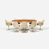 Eero Saarinen, dining set, 1956/1957, walnut, enameled steel, molded fiberglass, enameled aluminum, upholstery