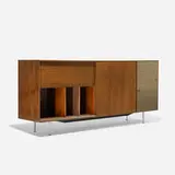 Thin Edge TV cabinet, model 5718 by George Nelson & Associates, 1952, rosewood, lacquered wood, aluminum, upholstery, sold Feb 2016