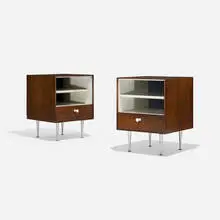 Thin Edge nightstands, model 5207 by George Nelson & Associates, 1952, rosewood, aluminum, lacquered wood, porcelain, sold Feb 2016