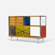 Charles and Ray Eames, ESU 200, 1950, walnut plywood, lacquered masonite, birch plywood, chrome-plated steel, enameled steel