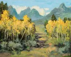 Raphael Lillywhite, Mountains with Aspens, Oil on board