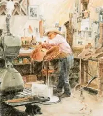 Loren Entz, Chas Weldon, Saddle Maker, Watercolor & Charcoal