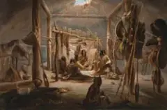 Karl Bodmer, Interior of a Hut of a Mandan Chief, Hand colored aquatint