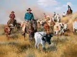 Movin’ the Longhorns by Ray Swanson, Oil on canvas, sold Apr 2017
