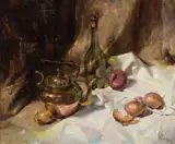 Clark Hulings, Still Life with Wine and Onions, 1971