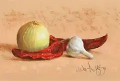 William Acheff, Still Life with Onion, Chilies and Garlic, Pastel