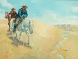Joe Beeler, Cowboys Approach Indian Encampment, Oil on canvas