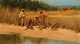 Harvey Johnson, Trouble on the Rio Del Norte, Oil on board