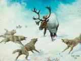 Frank B. Hoffman, Wolves and Caribou, Oil on board