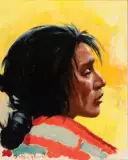Red Striped Blanket by Olaf Wieghorst, Oil on board, sold Apr 2019