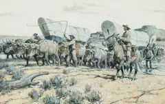 Santa Fe Wagons Fording the Cimarron by Nick Eggenhofer, Gouache, sold Jun 2020
