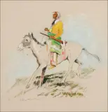 Laverne Nelson Black, Indian on Pinto Pony Facing Left