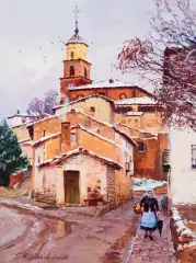 Wintery Market Day by R.S. Riddick, Oil on board, sold Apr 2022