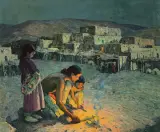 E. Irving Couse, Moonlight, Pueblo de Taos, Oil on canvas mounted on board