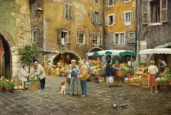 Clark Hulings, Market/Annecy France, Oil on board