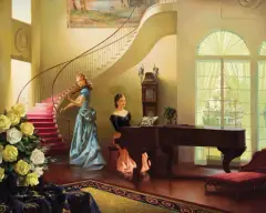 R. Brownell McGrew, Girls Playing Piano and Violin, Oil on board