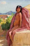 Joseph Henry Sharp, Pueblo Child with Red Blanket, Oil on board