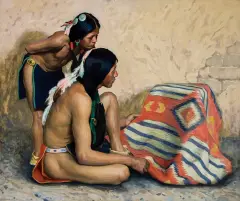 E. Irving Couse, Indian Boy and Brave Looking at a Blanket, Oil on canvas