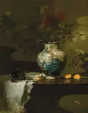 David Leffel, Chrysanthemums and Roses with Persian Vase, Oil on canvas