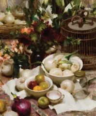 Daniel Keys, Flowers and Onions, Oil on board
