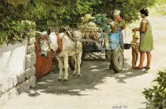 Shady Side Shopping by Clark Hulings, Oil on canvas, sold Apr 2023