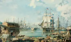 San Francisco in 1849 (Vicar of Bray) Unloading in Yerba Buena Cove by John Stobart, Oil on canvas, sold Apr 2023