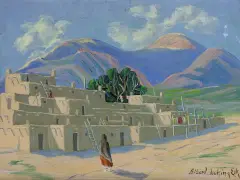 Albert Looking Elk, Pueblo, Oil on board