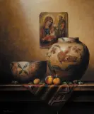 Ken Fleisch, Pots and Peaches, Acrylic on canvas