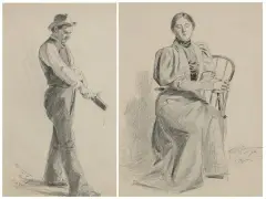 Set of two: Stella Seated; The Whittler by Frank Tenney Johnson, Pencil on paper, sold Aug 2023