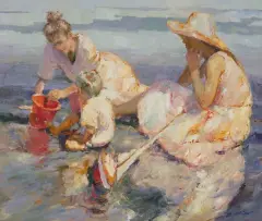 Dan McCaw, Two Women and Boy on Beach, Oil on board
