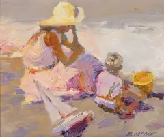 Dan McCaw, Mother and Son on Beach, Oil on board