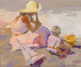 Dan McCaw, Mother and Son on Beach, Oil on board