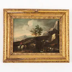 Jacob de Heusch, Paesaggio con uomo a cavallo, oil on canvas