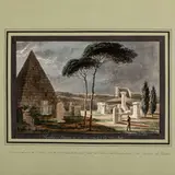 Giuseppe Cominotti, Sepolcro dei protestanti presso la Piramide di Caio Cestio a Roma / Firmato Cominotti in basso a destra, watercolour on paper applicata on paper