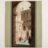 Giuseppe Cominotti, Cortile del Palazzo Ducale a Venezia, watercolour on paper applicata on paper