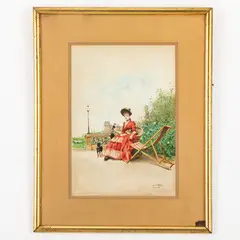 Carlo Pittara, Torino, 1835 - Rivara Canavese, 1891 / Ragazza con cagnolino sulla terrazza / Firmato C Pittara, Paris 1888 in basso a destra, Acquarello su carta