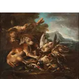 Paesaggio con cacciagione e un cane addormentato by Giovanni Crivelli Detto Il Crivellino, oil on canvas, offered Jun 2022