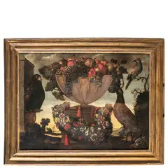 Pietro Neri Scacciati, Vaso con frutti in un paesaggio con pappagallo e uccelli, oil on canvas