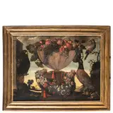 Pietro Neri Scacciati, Vaso con frutti in un paesaggio con pappagallo e uccelli, oil on canvas